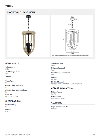 HOSLEY 4 Pendant Light - Woodi Black