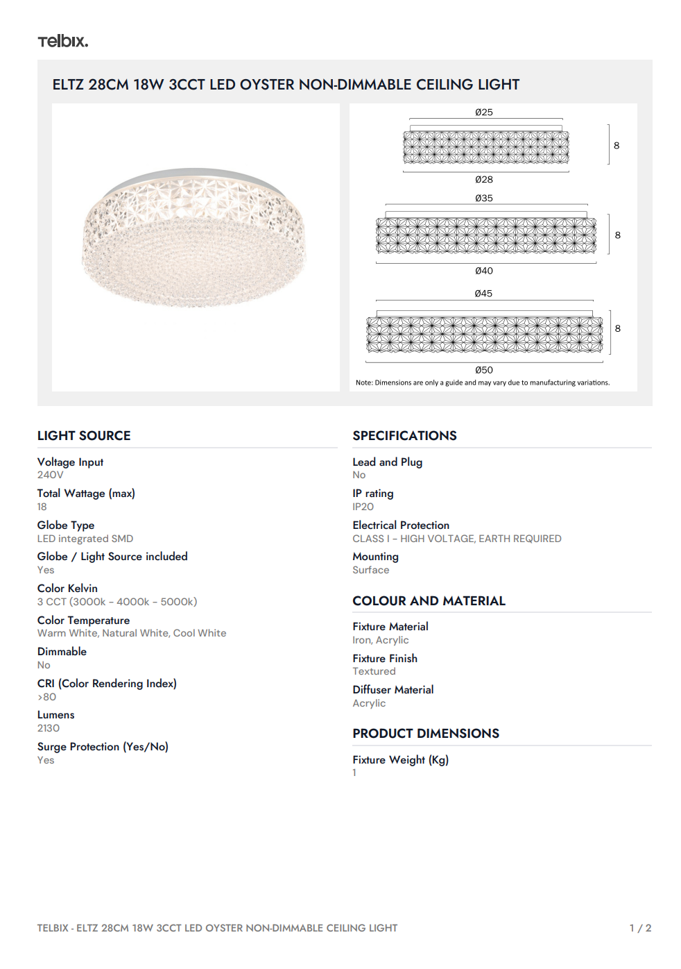 ELTZ 28CM 18W 3CCT LED Oyster Non-Dimmable Ceiling Light