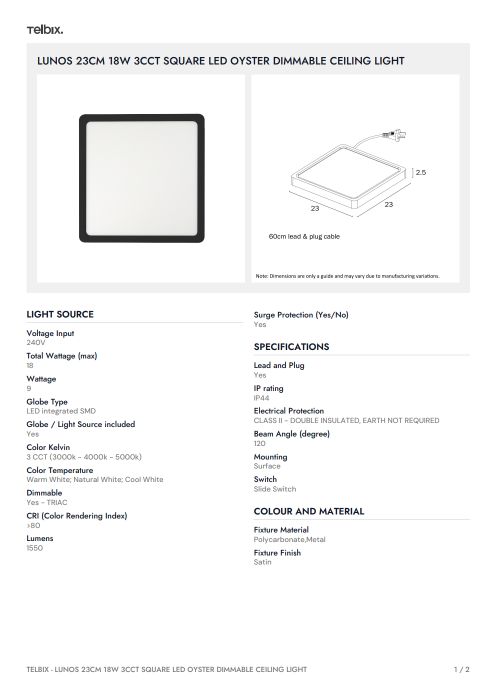 LUNOS 23CM 18W 3CCT Square LED Oyster Dimmable Ceiling Light - Black