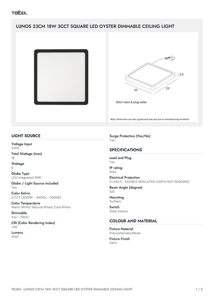 LUNOS 23CM 18W 3CCT Square LED Oyster Dimmable Ceiling Light - Black