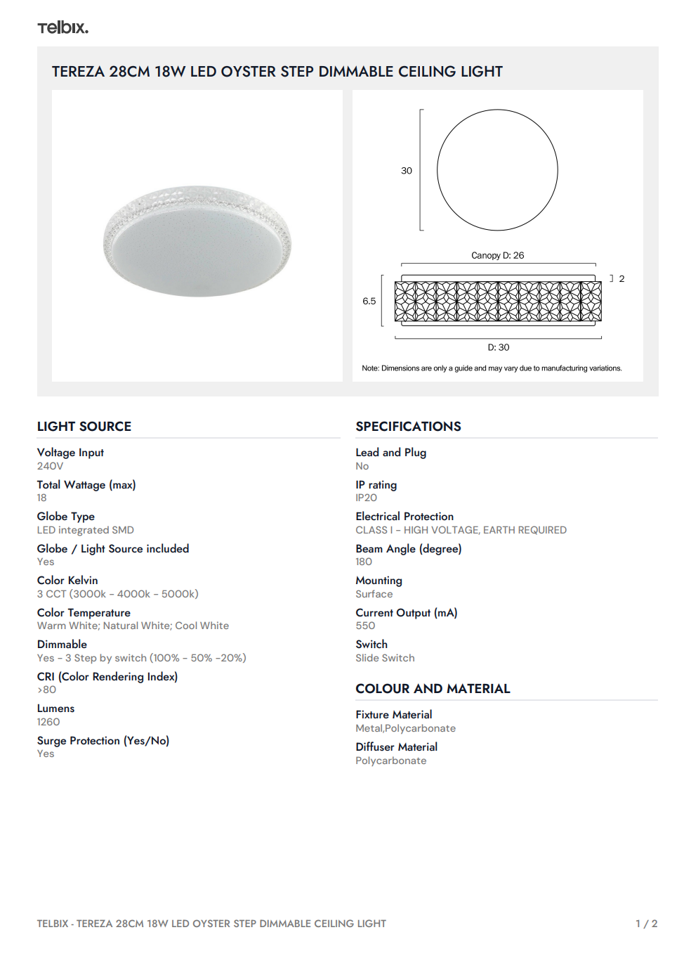 TEREZA 40CM 30W LED Oyster Step Dimmable Ceiling Light - White