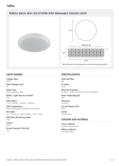 SKY 30CM 24W 3CCT LED Oyster Dimmable Ceiling Light - White