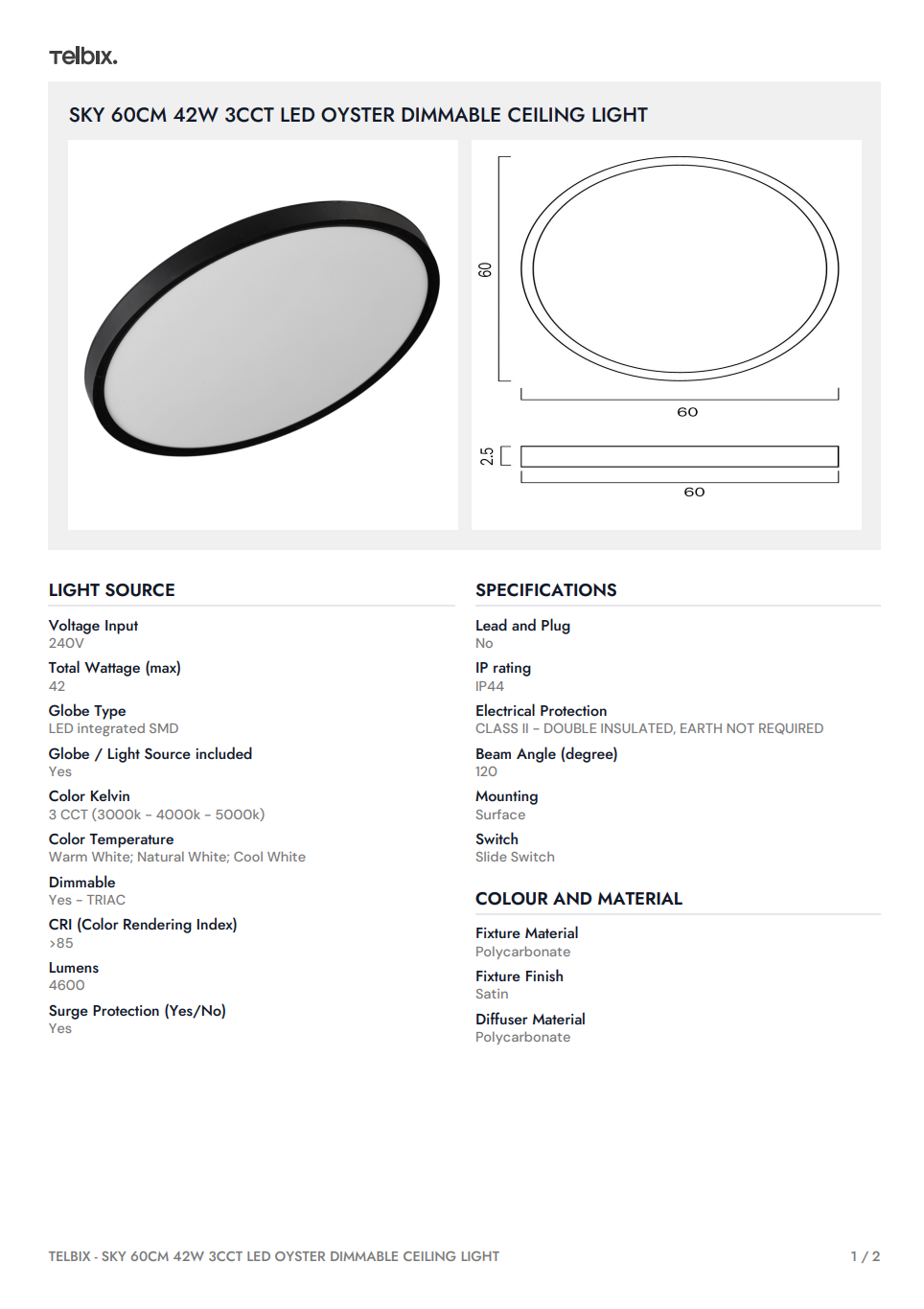 SKY 60CM 42W  3CCT LED Oyster Dimmable Ceiling Light - White
