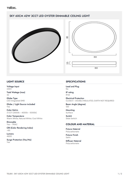 SKY 60CM 42W  3CCT LED Oyster Dimmable Ceiling Light - White