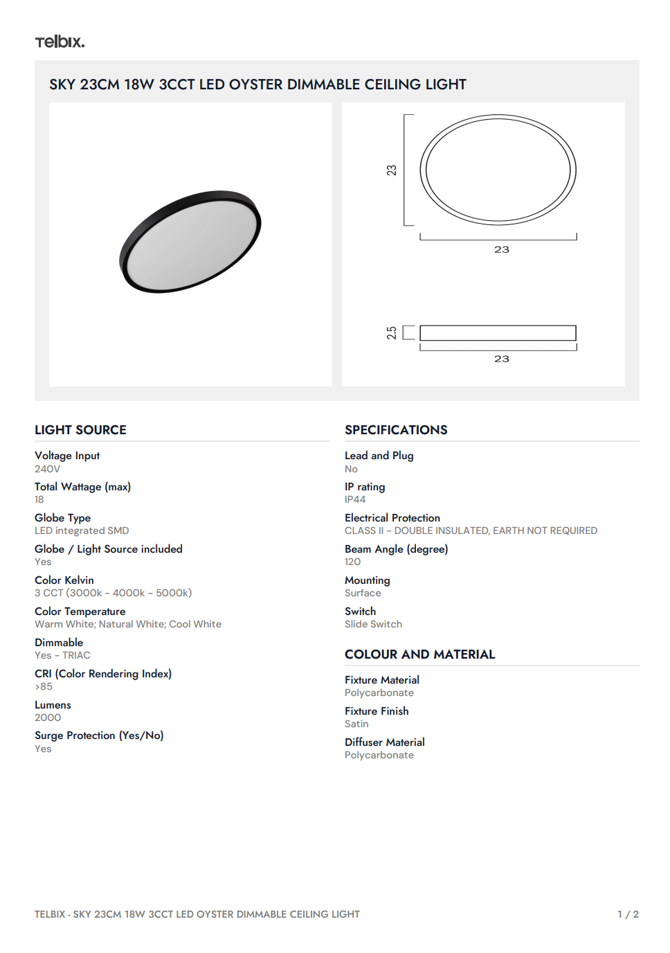 SKY 23CM 18W 3CCT LED Oyster Dimmable Ceiling Light - Black