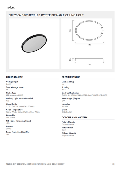 SKY 23CM 18W 3CCT LED Oyster Dimmable Ceiling Light - Black
