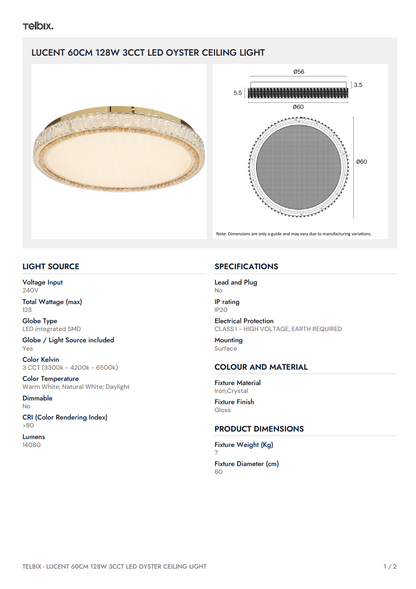 LUCENT 60CM 128W 3CCT LED Oyster Ceiling Light - Gold