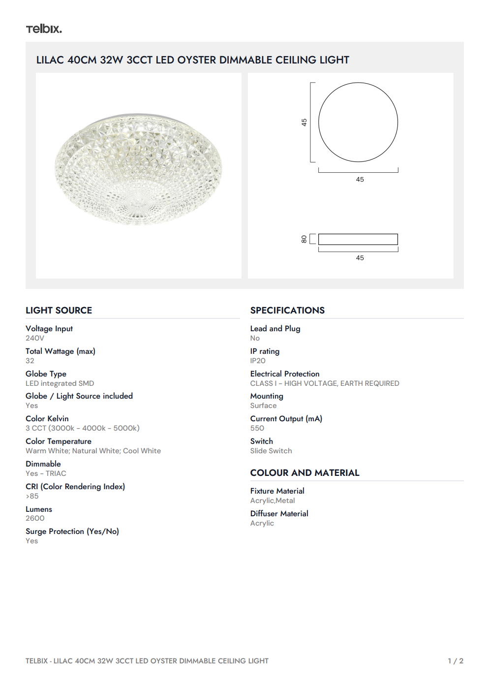 LILAC 40CM 32W 3CCT LED Oyster Dimmable Ceiling Light - White