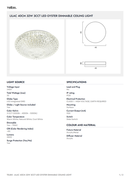 LILAC 40CM 32W 3CCT LED Oyster Dimmable Ceiling Light - White
