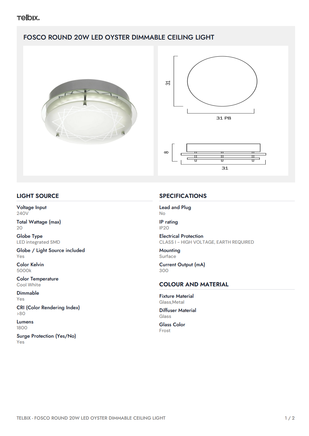 FOSCO Round 20W LED Oyster Dimmable Ceiling Light - Chrome / Frost