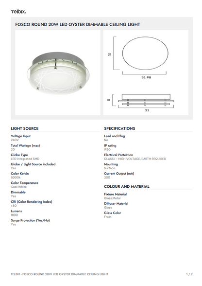 FOSCO Round 20W LED Oyster Dimmable Ceiling Light - Chrome / Frost