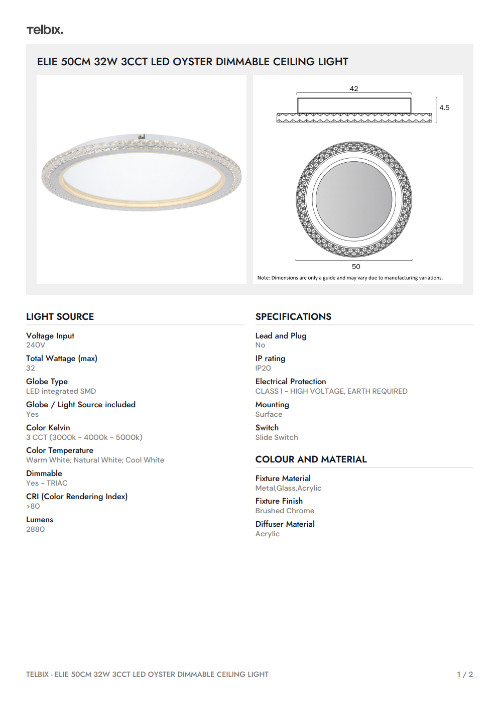 50CM 32W 3CCT LED Oyster Dimmable Ceiling Light - Chrome