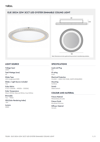 50CM 32W 3CCT LED Oyster Dimmable Ceiling Light - Chrome