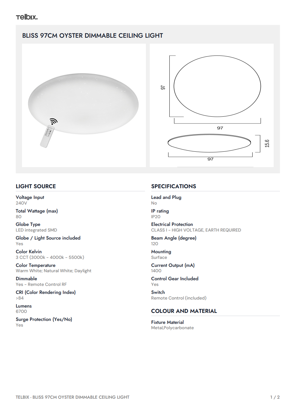 BLISS 97CM Oyster Dimmable Ceiling Light - White
