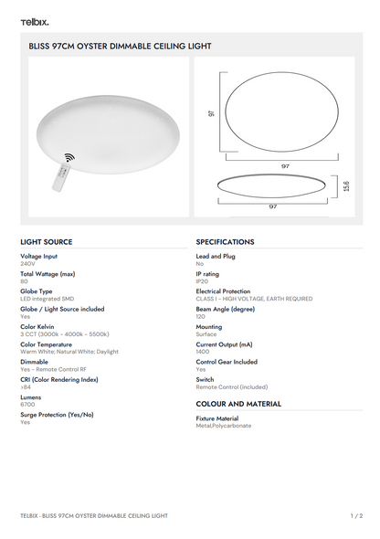 BLISS 97CM Oyster Dimmable Ceiling Light - White
