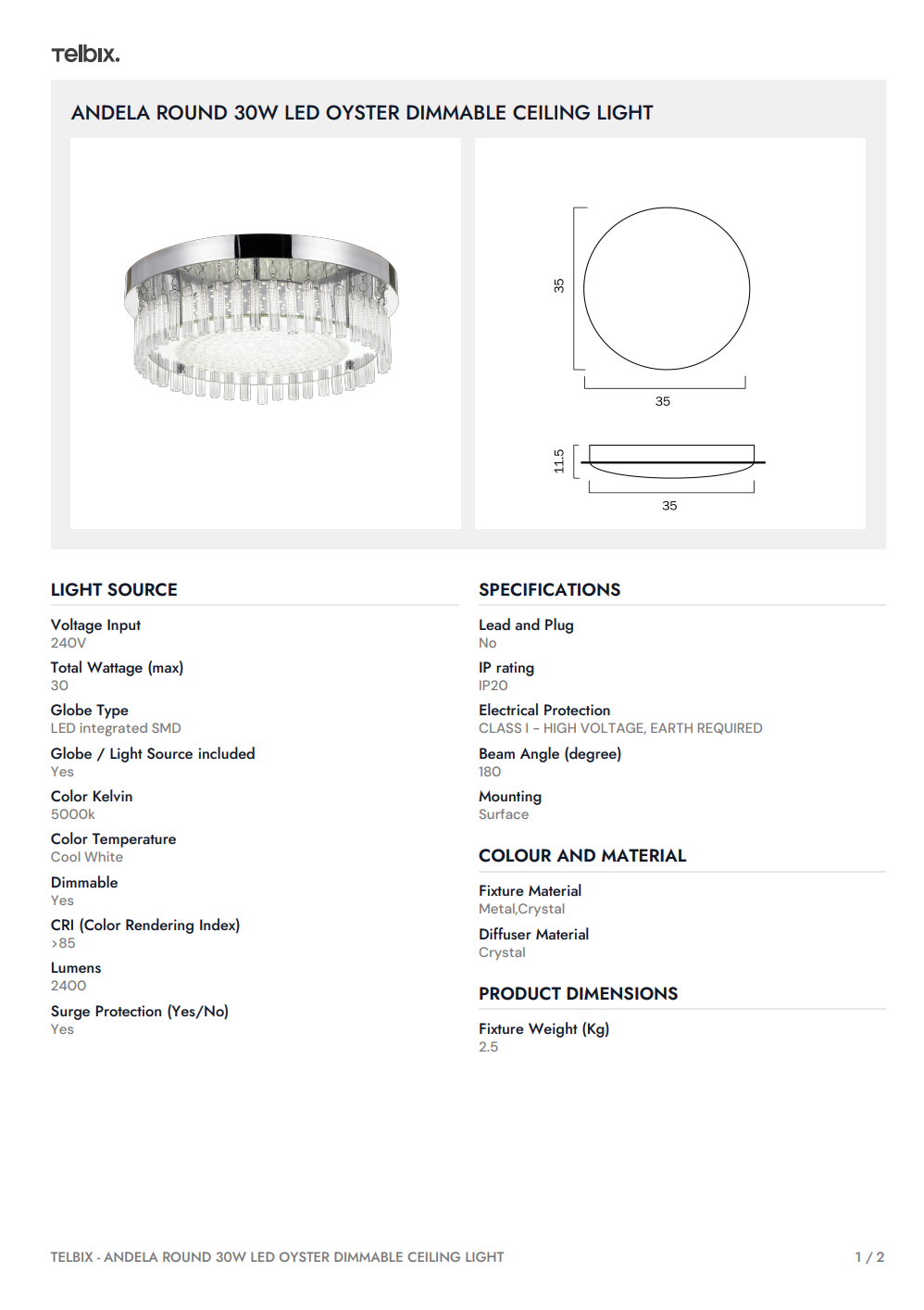 ANDELA ROUND 30W Oyster Dimmable Ceiling Light - Chrome