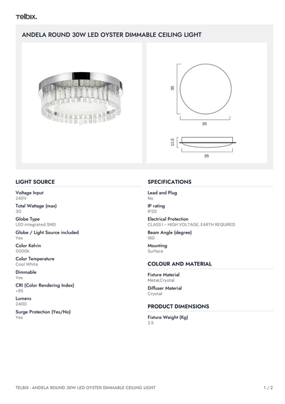 ANDELA ROUND 30W Oyster Dimmable Ceiling Light - Chrome