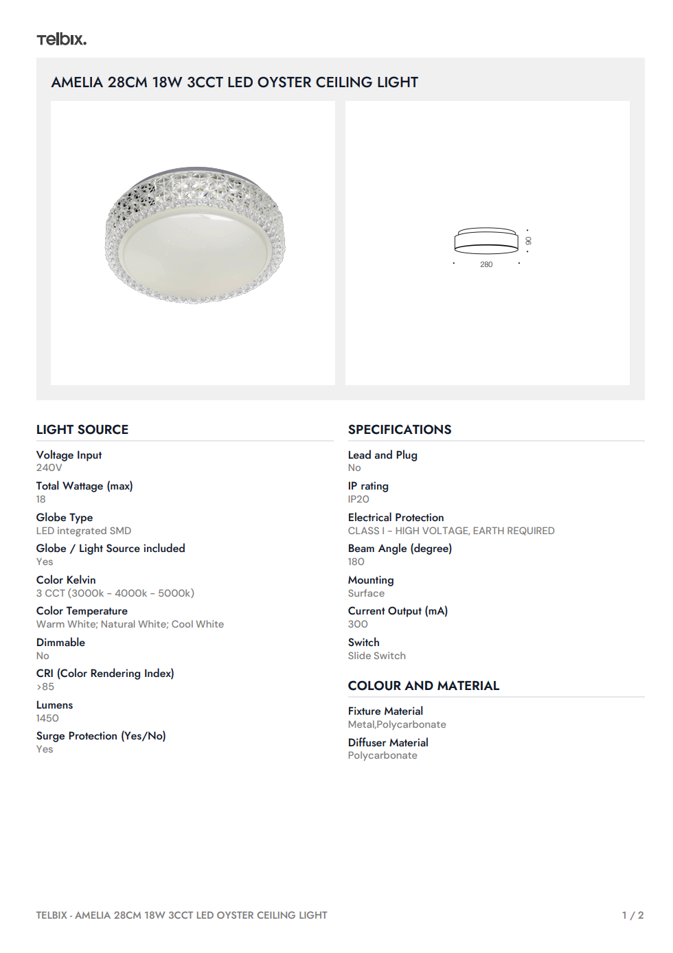 AMELIA 28CM 18W 3CCT LED Oyster Ceiling Light - White