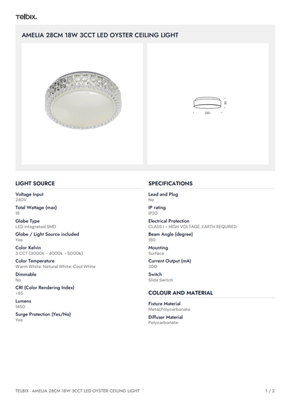AMELIA 28CM 18W 3CCT LED Oyster Ceiling Light - White