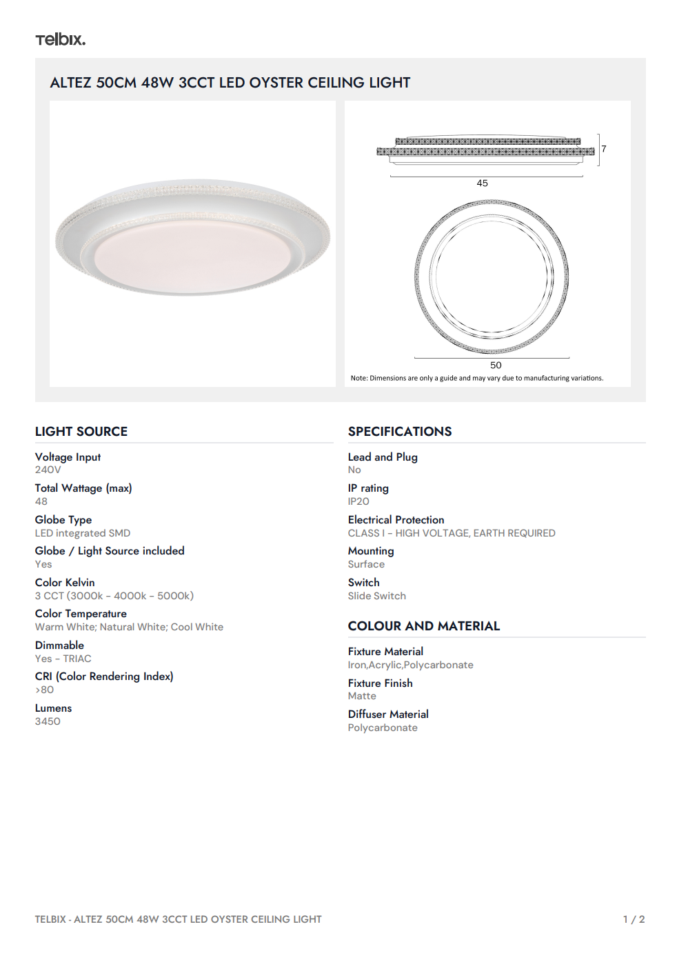 ALTEZ 50CM 48W 3CCT LED Oyster Ceiling Light - White