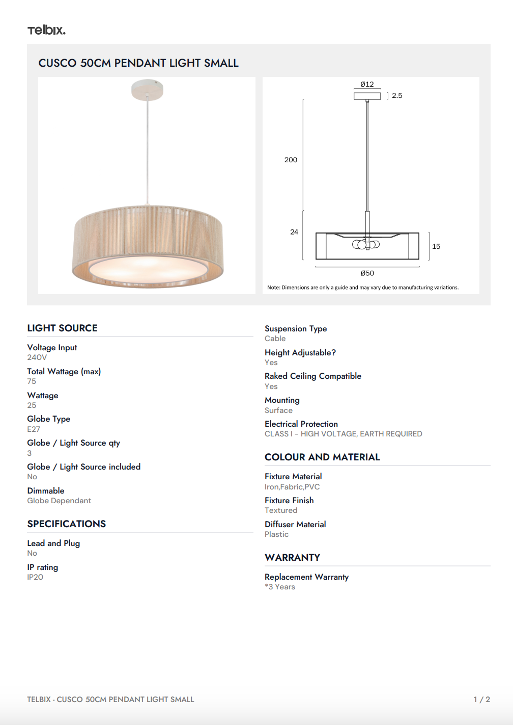 CUSCO 50CM Pendant Light Small