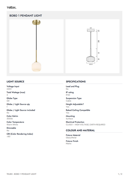 BOBO 1 Pendant Light - Antique Gold / Opal Matt