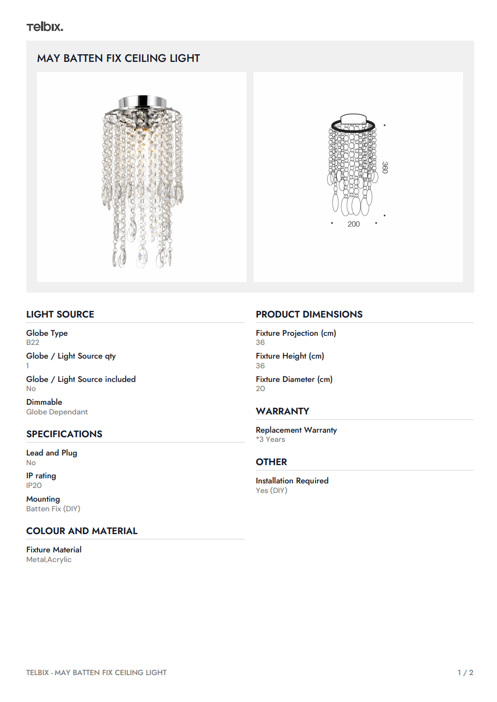 MAY Batten Fix Ceiling Light - Chrome