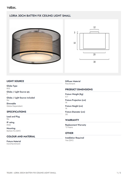 LORIA 30CM Batten Fix Ceiling Light Small