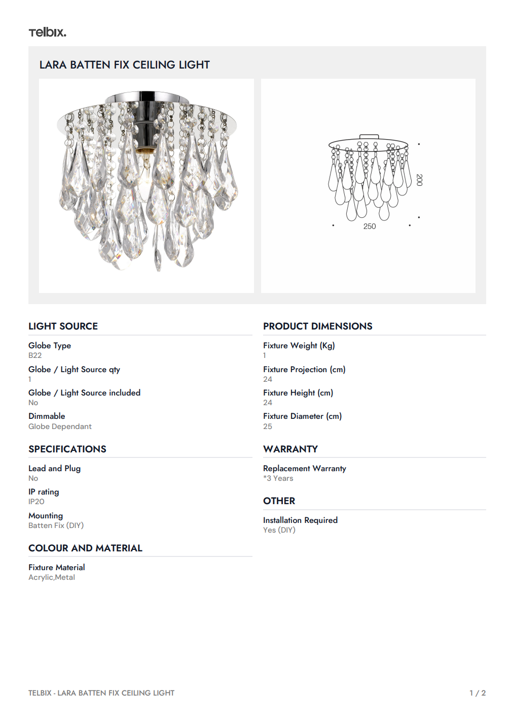 LARA Batten Fix Ceiling Light - Chrome