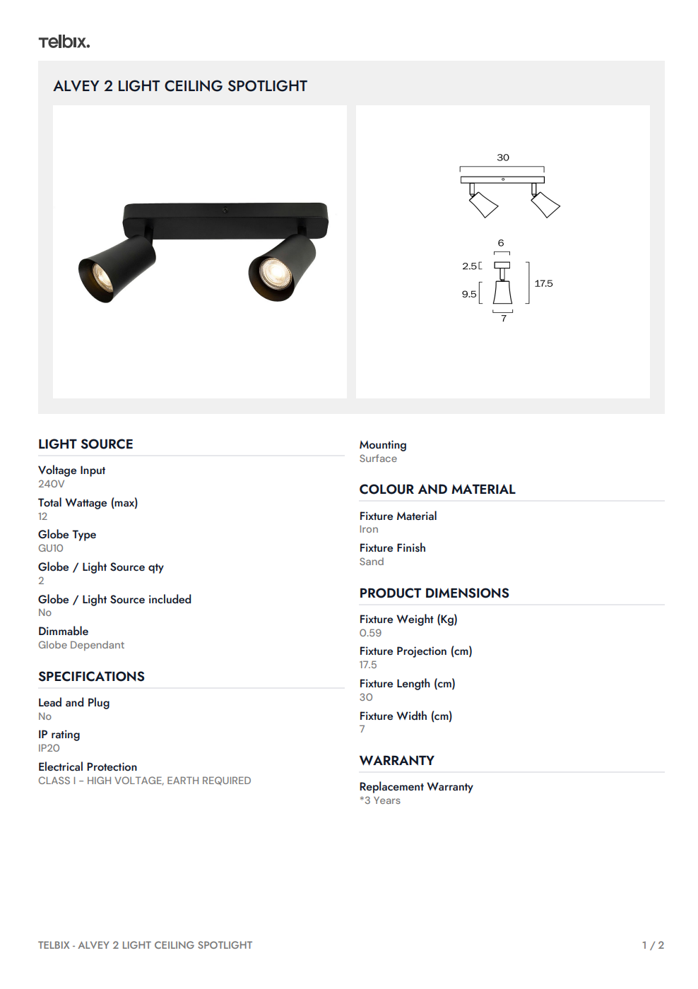 BURTON 2 Light Ceiling Spot Light - Black