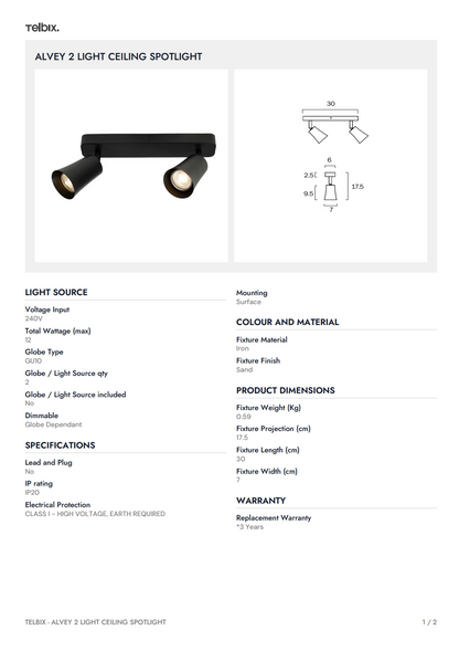 BURTON 2 Light Ceiling Spot Light - Black