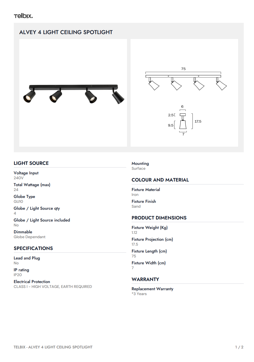 ALVEY 4 Light Ceiling Spot Light - Black