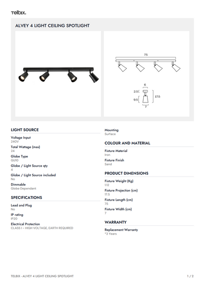ALVEY 4 Light Ceiling Spot Light - Black