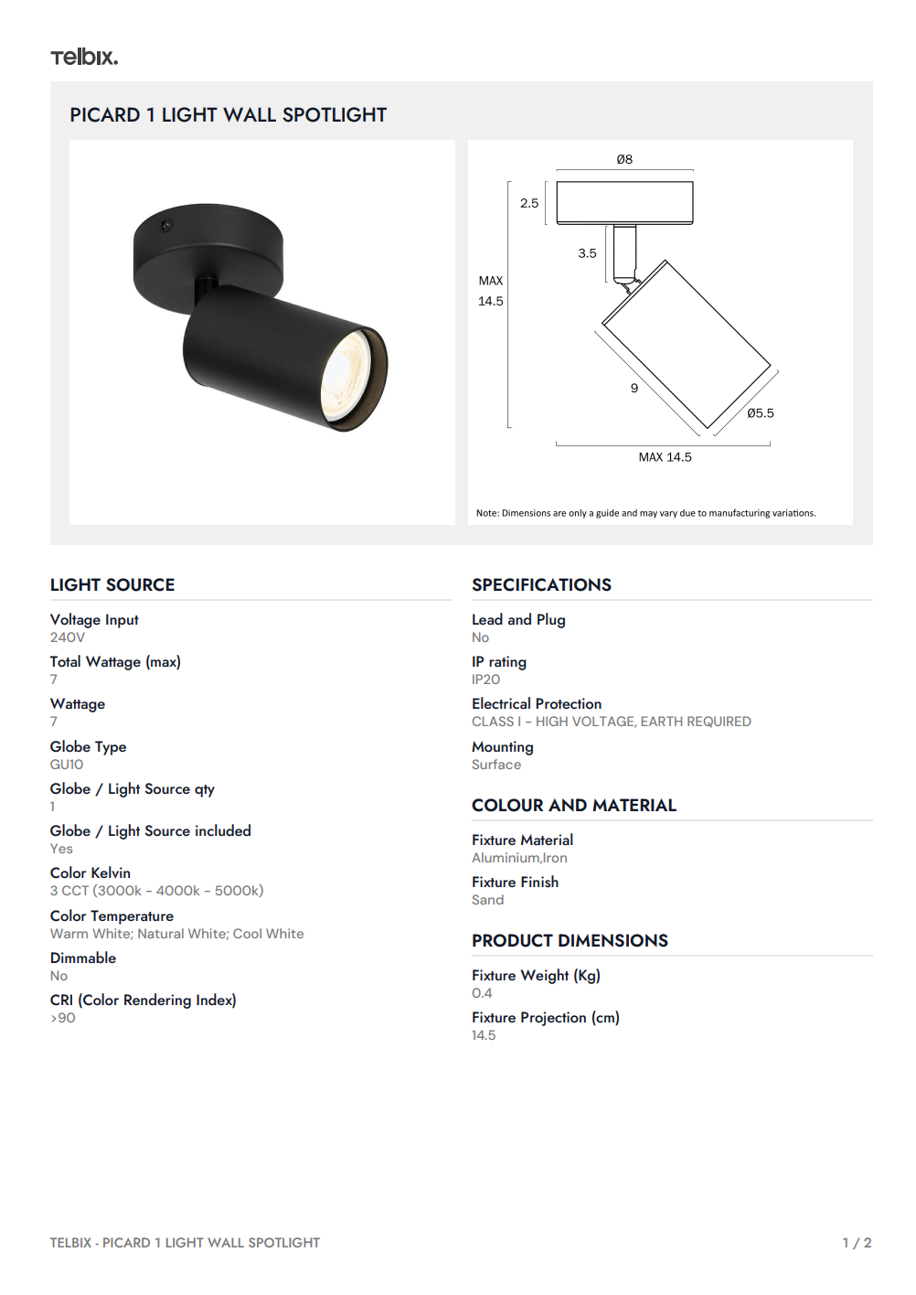 PICARD 1 Light Wall Spotlight - Black
