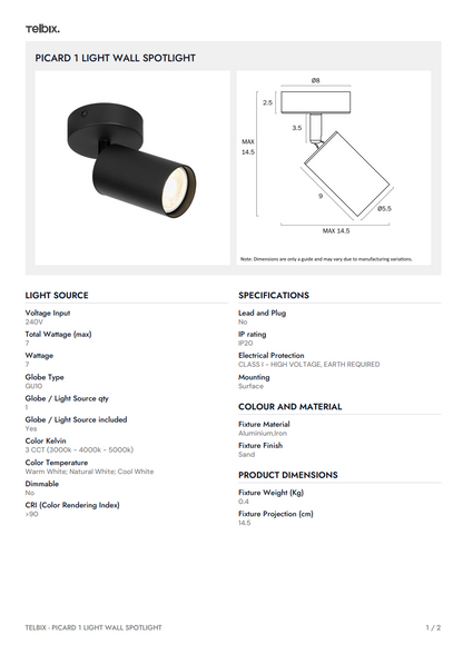 PICARD 1 Light Wall Spotlight - Black