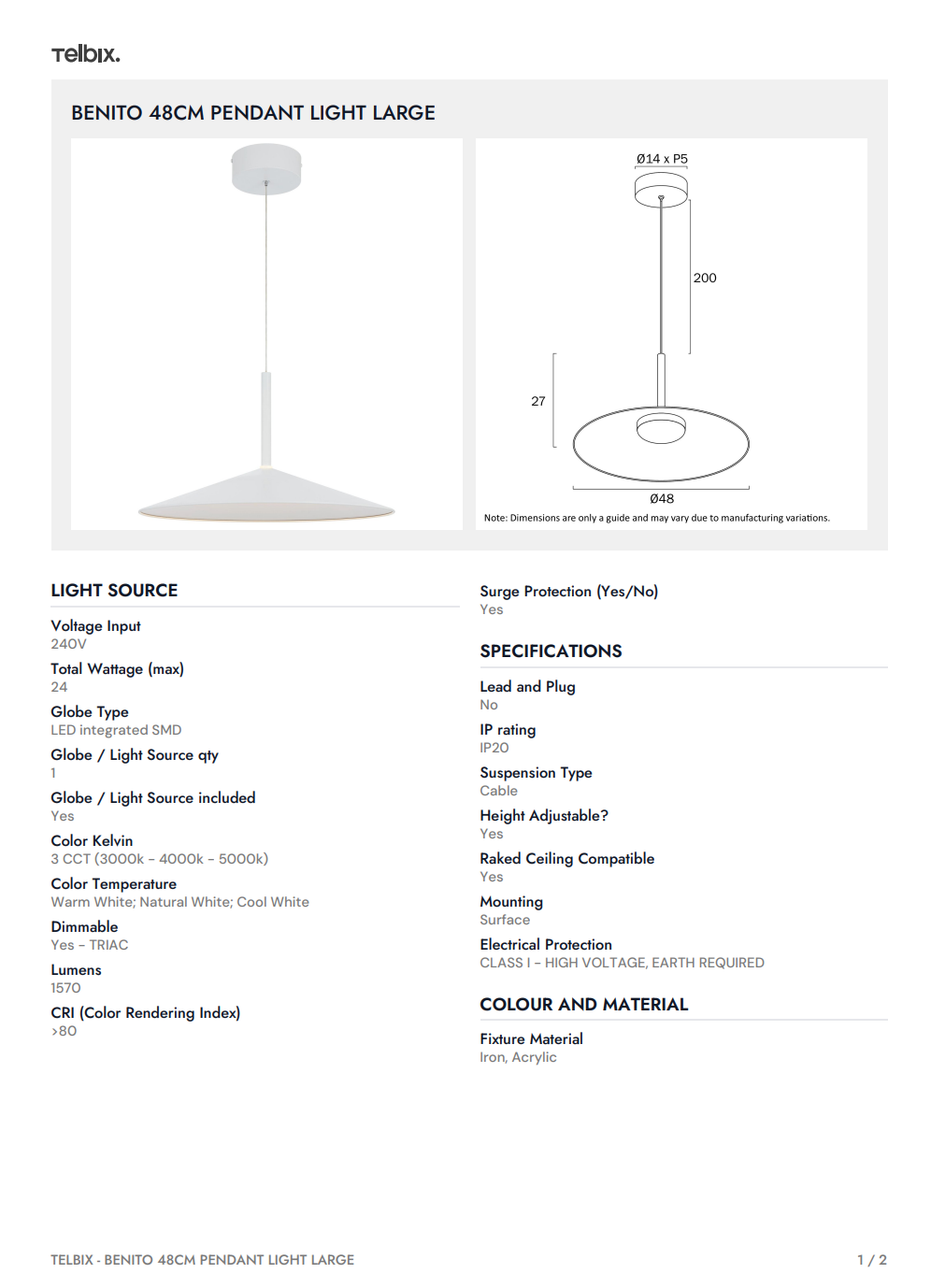 BENITO 48CM Pendant Light Large - White
