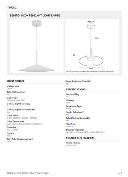 BENITO 48CM Pendant Light Large - White