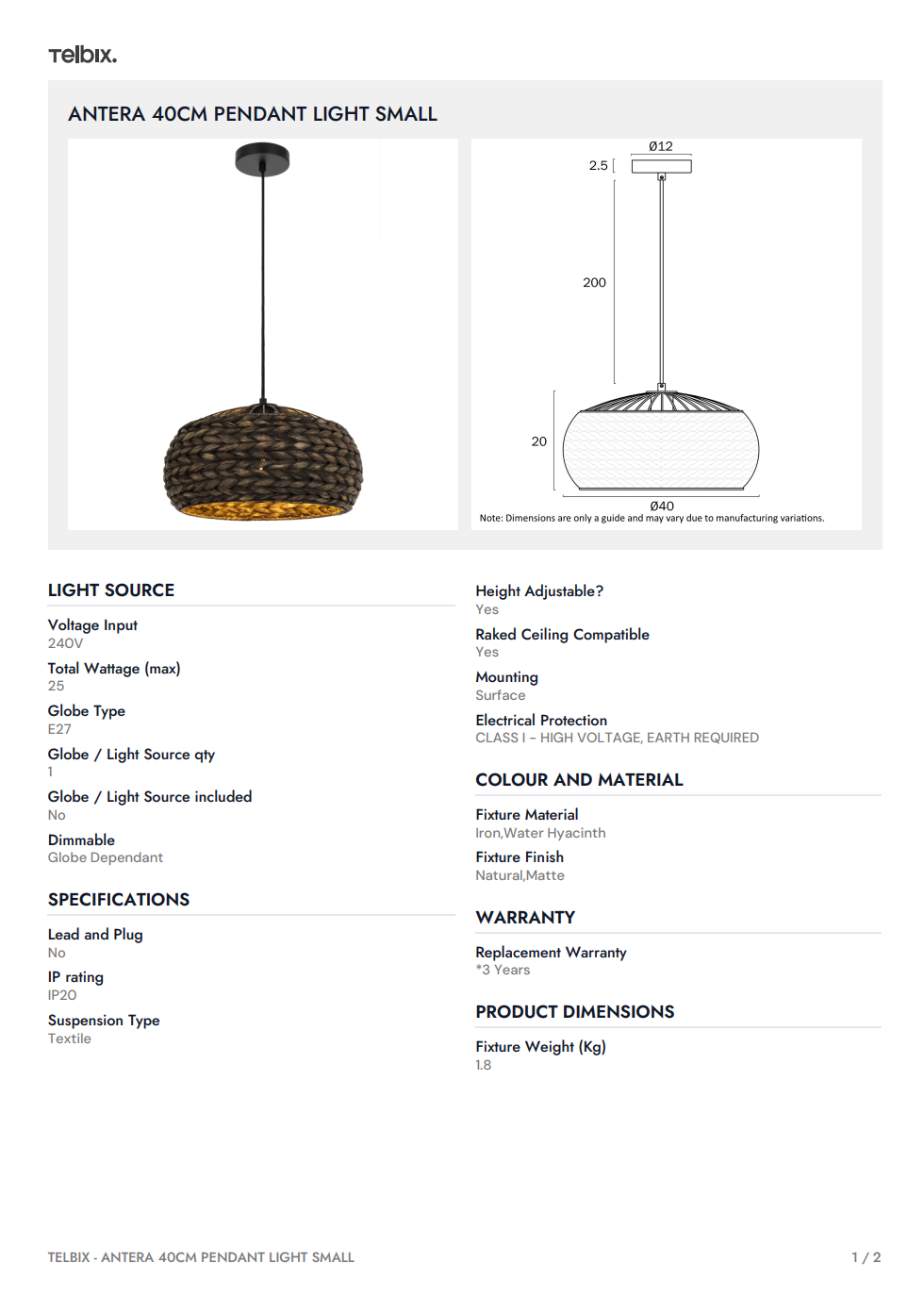 ANTERA 40CM Pendant Light Small - Natural