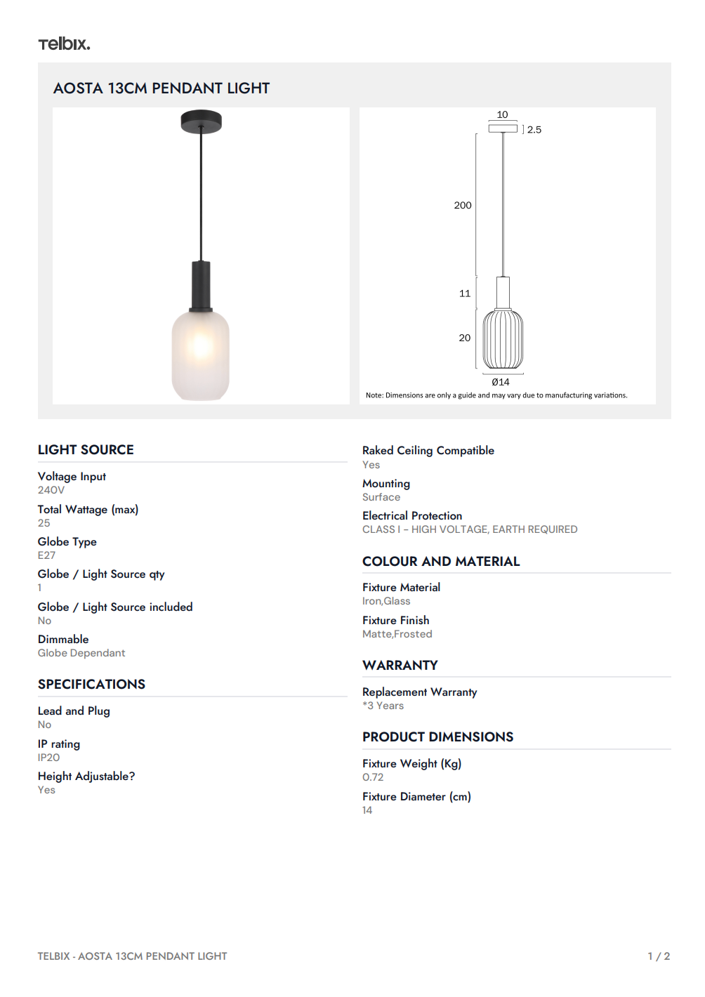 AOSTA 13CM Pendant Light - Black / Frost