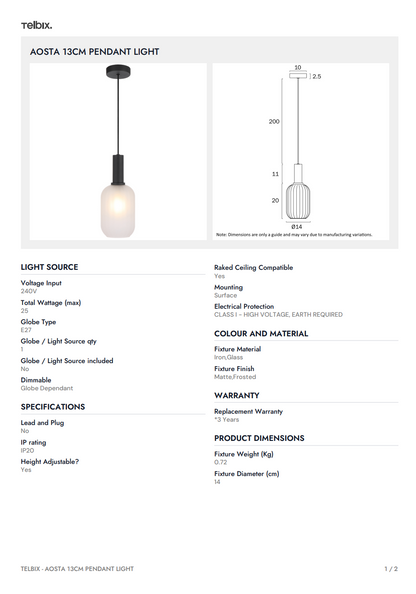 AOSTA 13CM Pendant Light - Black / Frost