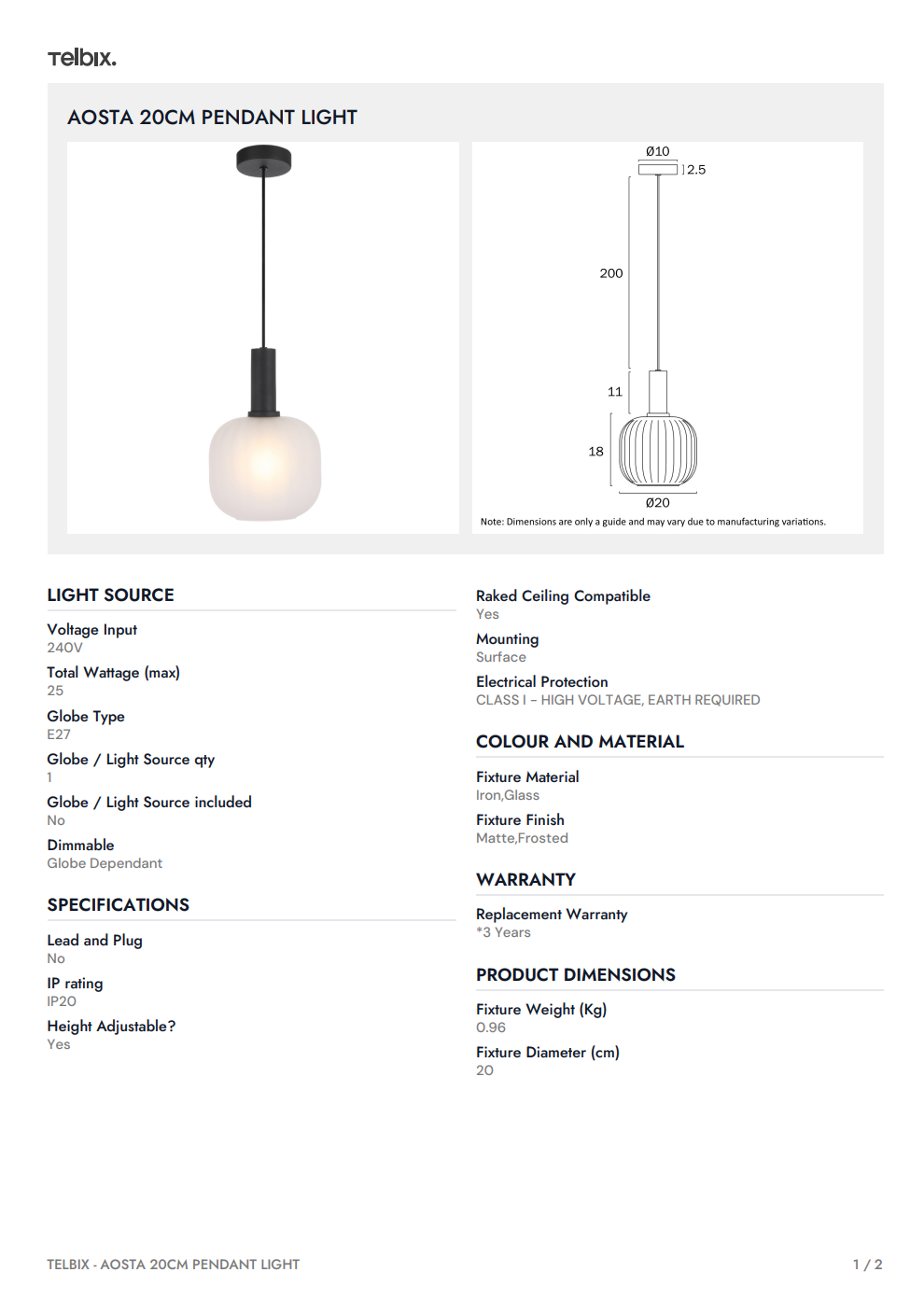AOSTA 20CM Pendant Light - Black / Frost