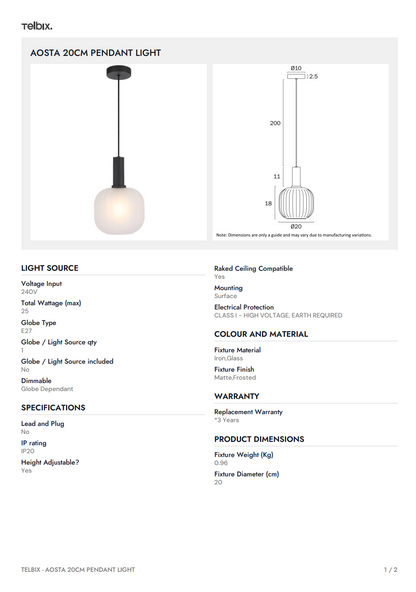 AOSTA 20CM Pendant Light - Black / Frost