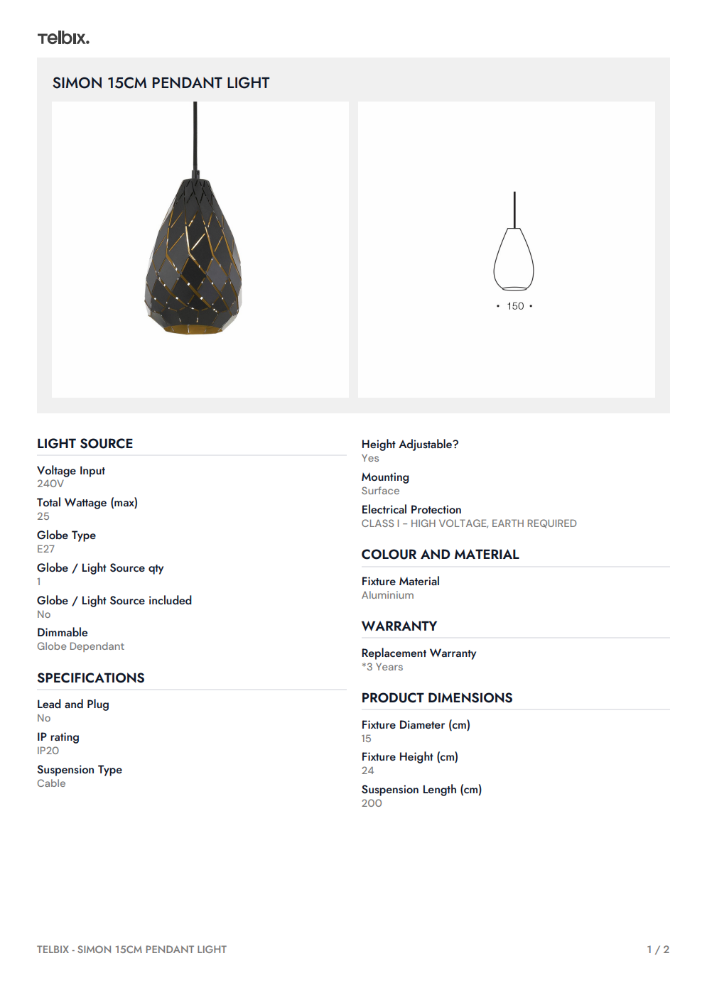 SIMON 15CM  Pendant Light - Black