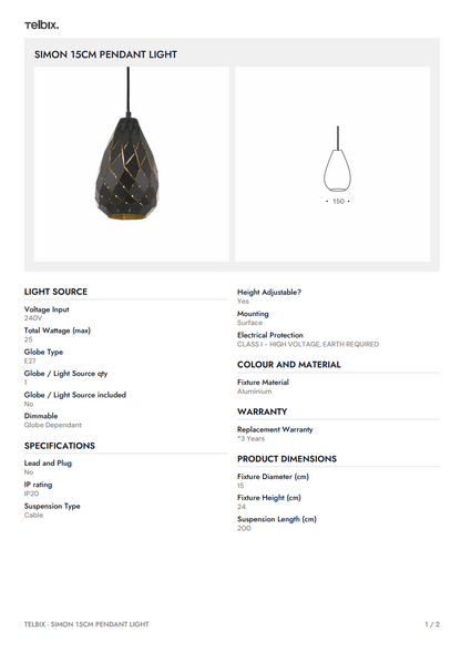 SIMON 15CM  Pendant Light - Black