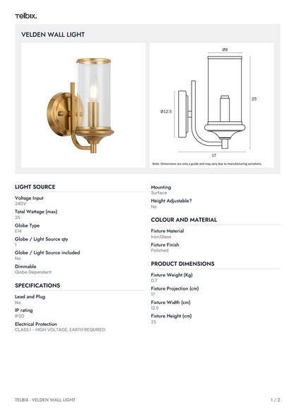 VELDEN Wall Light - Copper