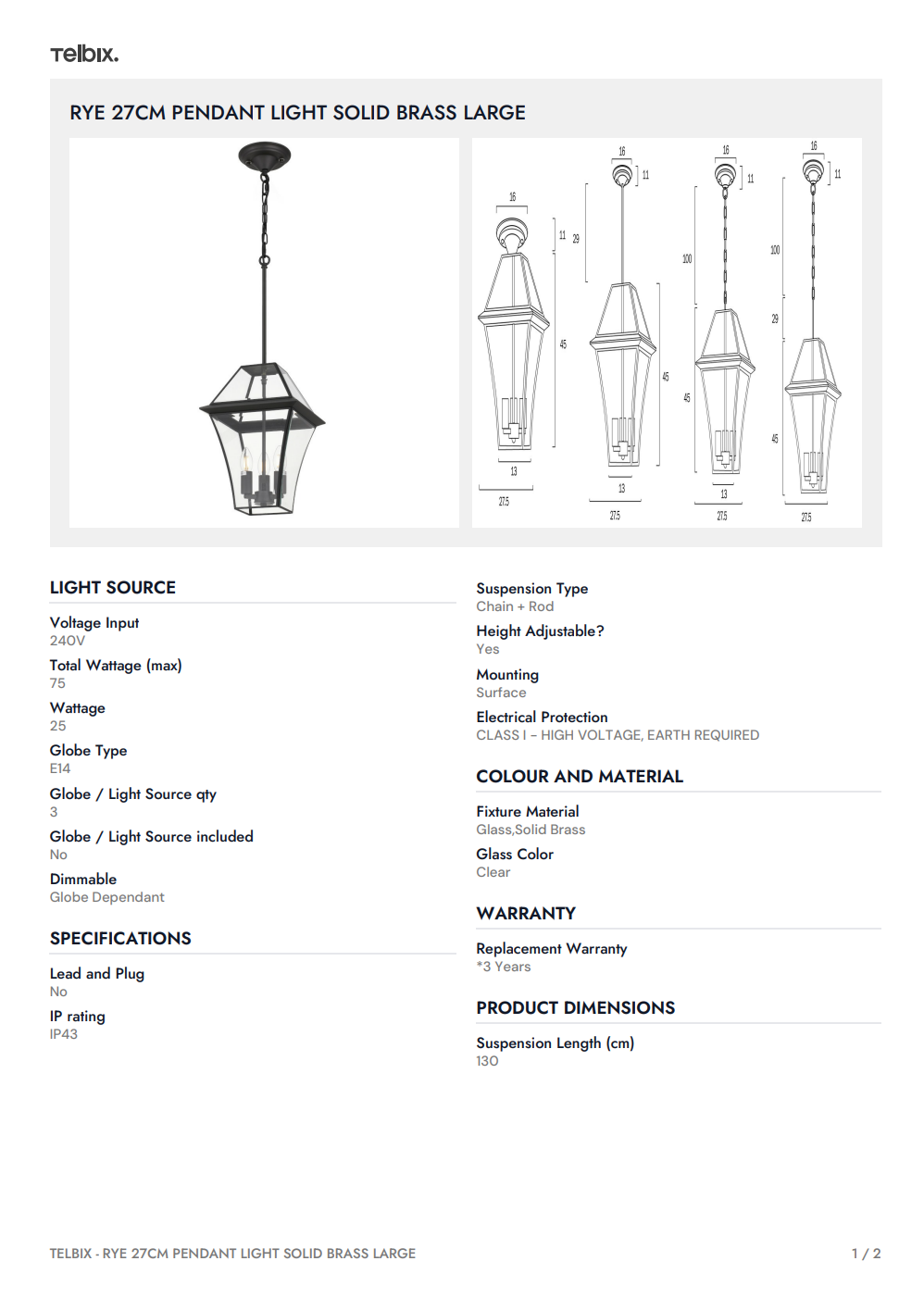 RYE 27CM Pendant Light Solid Brass Large - Black