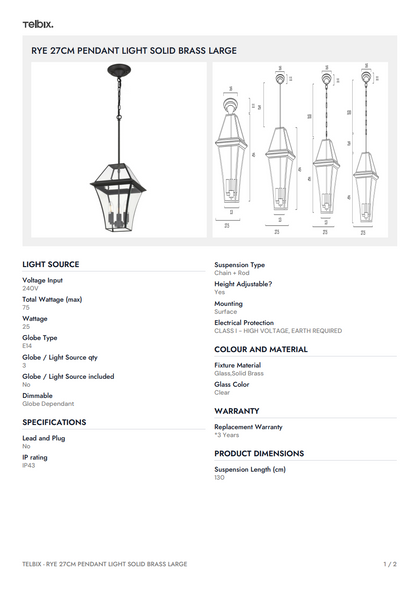 RYE 27CM Pendant Light Solid Brass Large - Black
