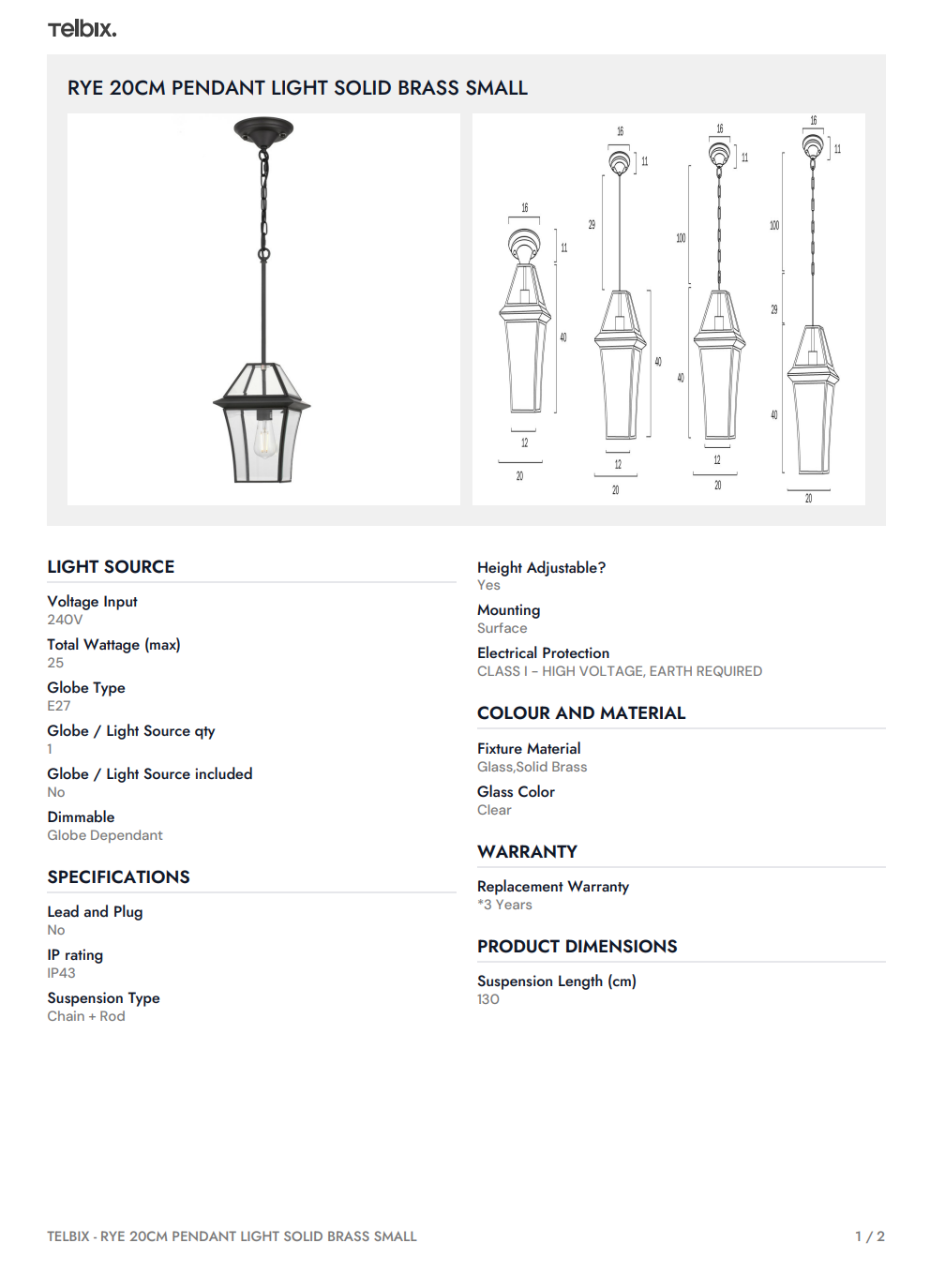 RYE 20CM Pendant Light Solid Brass Small – Brass