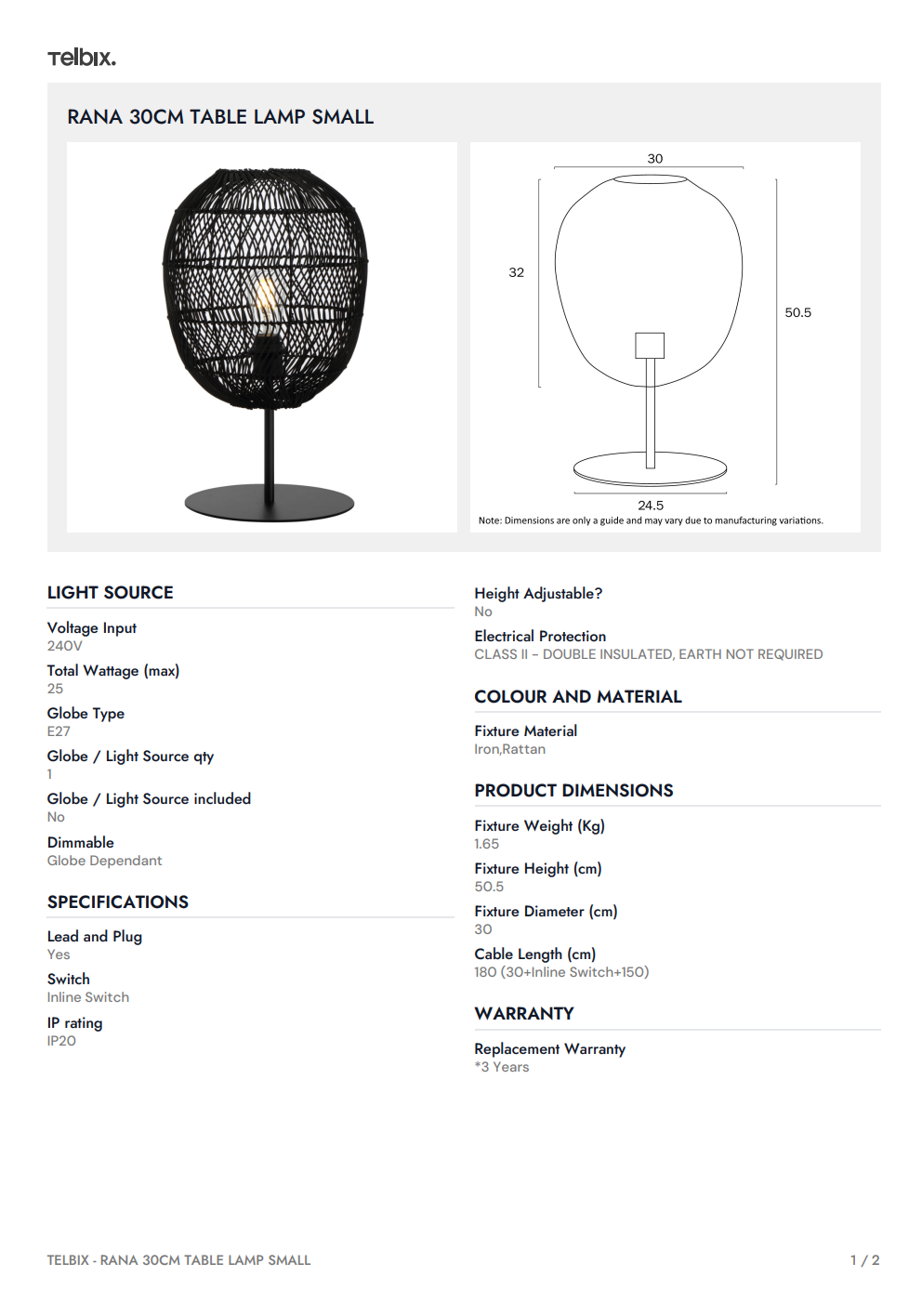 RANA 30CM Table Lamp – Black