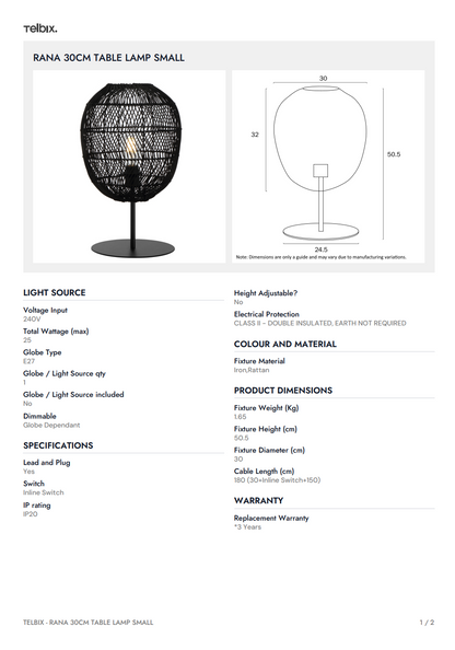 RANA 30CM Table Lamp – Black